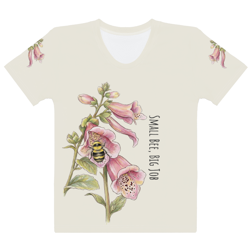 T-shirt with floral design and text 'Small Bee, Big Job' 
