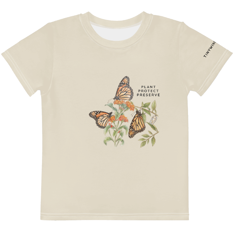 Beige t-shirt with butterfly design and text . Tinywing Tales