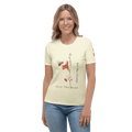 Woman wearing a cream t-shirt with a bee and flower design, and text 'Save The Bees'.
