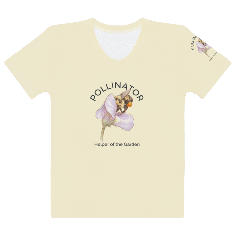Light yellow t-shirt with a bee and flower graphic and 'Pollinator' text 