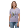 Woman wearing a lavender t-shirt with a graphic hummingbird moth and text "Little Wings, Big Job"