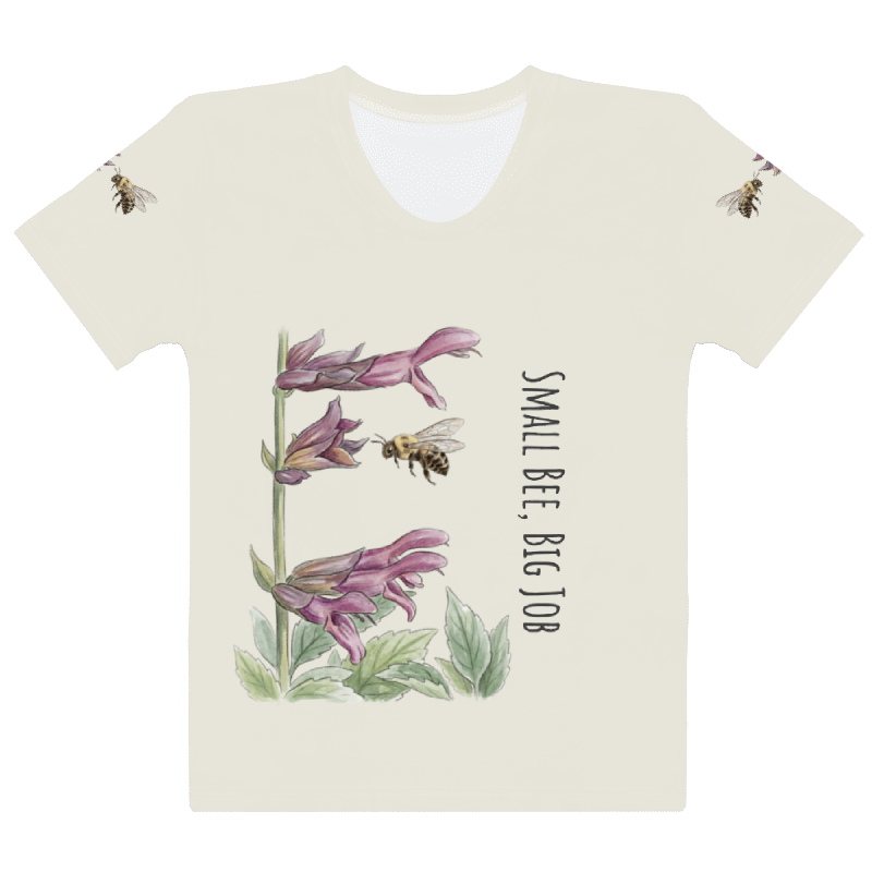 Beige t-shirt with bee and flower design and 'Small Bee, Big Job' text.