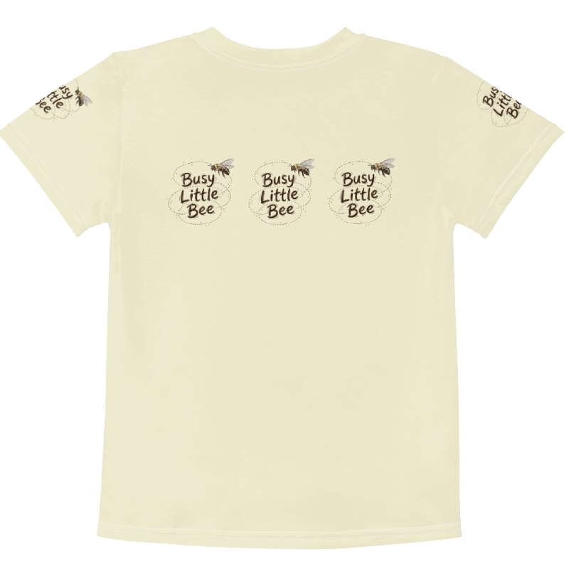 Back view  t-shirt with 'Busy Little Bee' text and bee illustrations 