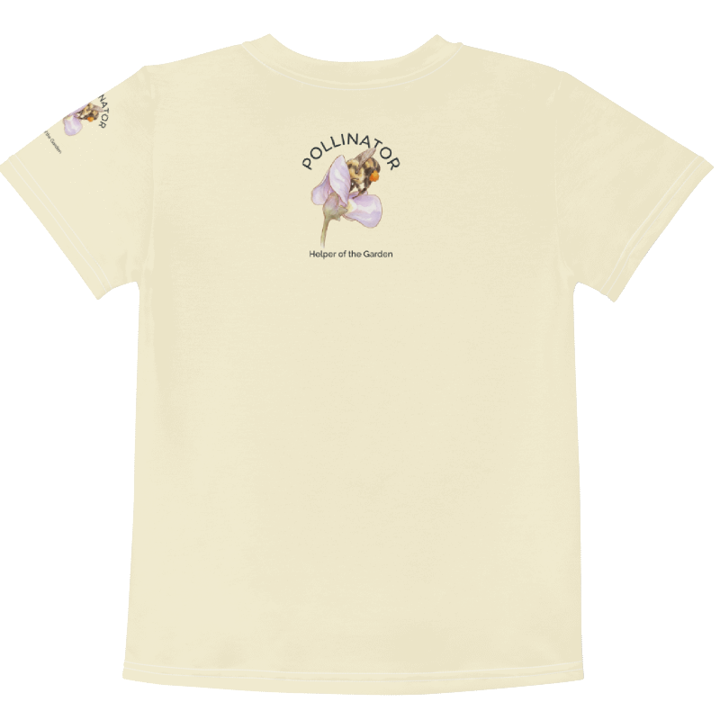 Back view t-shirt with a bee and flower graphic and text "Pollinator" Tinywing Tales