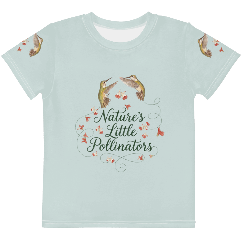 Light blue t-shirt with hummingbird design and 'Nature's Little Pollinators' text Tinywing Tales