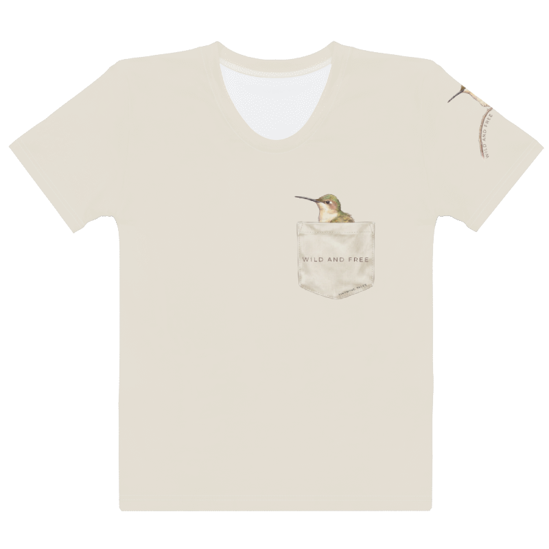 Beige t-shirt with a pocket featuring a hummingbird graphic and 'Wild and Free' text.