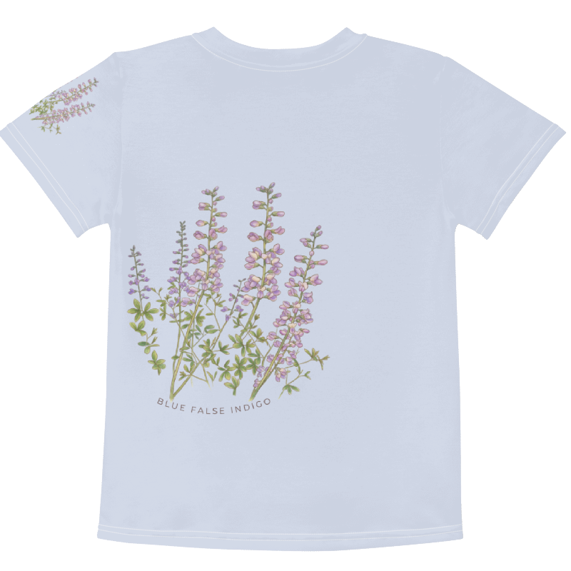 Backview of a Light blue t-shirt with floral design and 'Blue False Indigo' text . Tinywing Tales