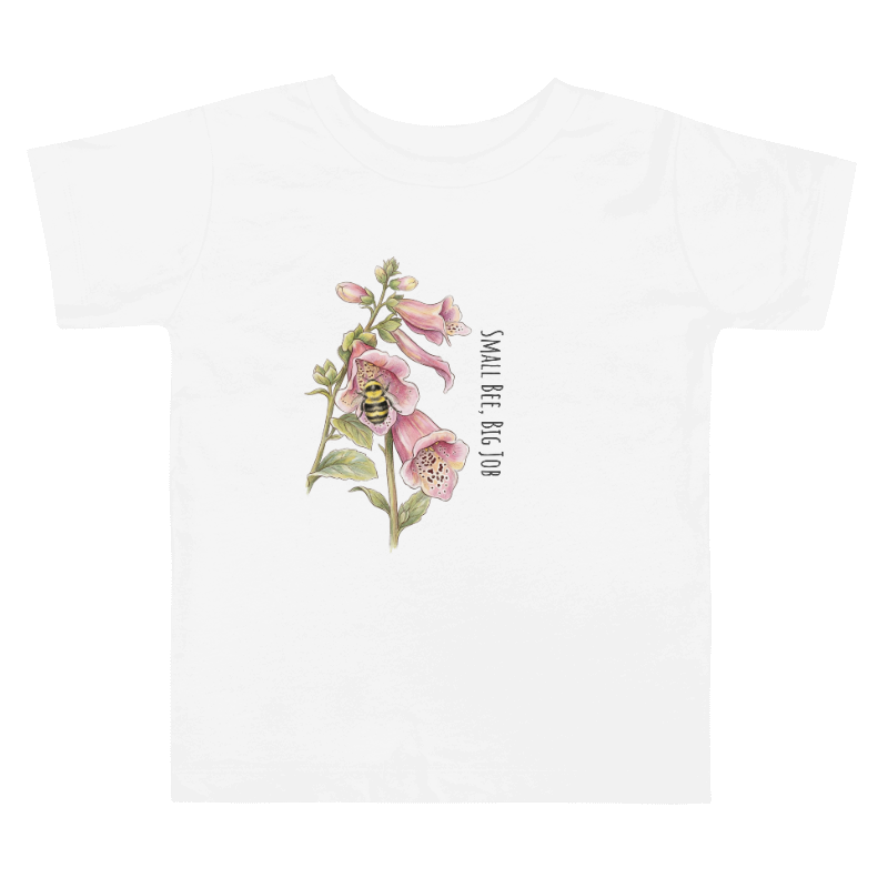 White 100% cotton toddler t-shirt with 'Small Bee, Big Job' bumblebee and foxglove illustration  on the front.
