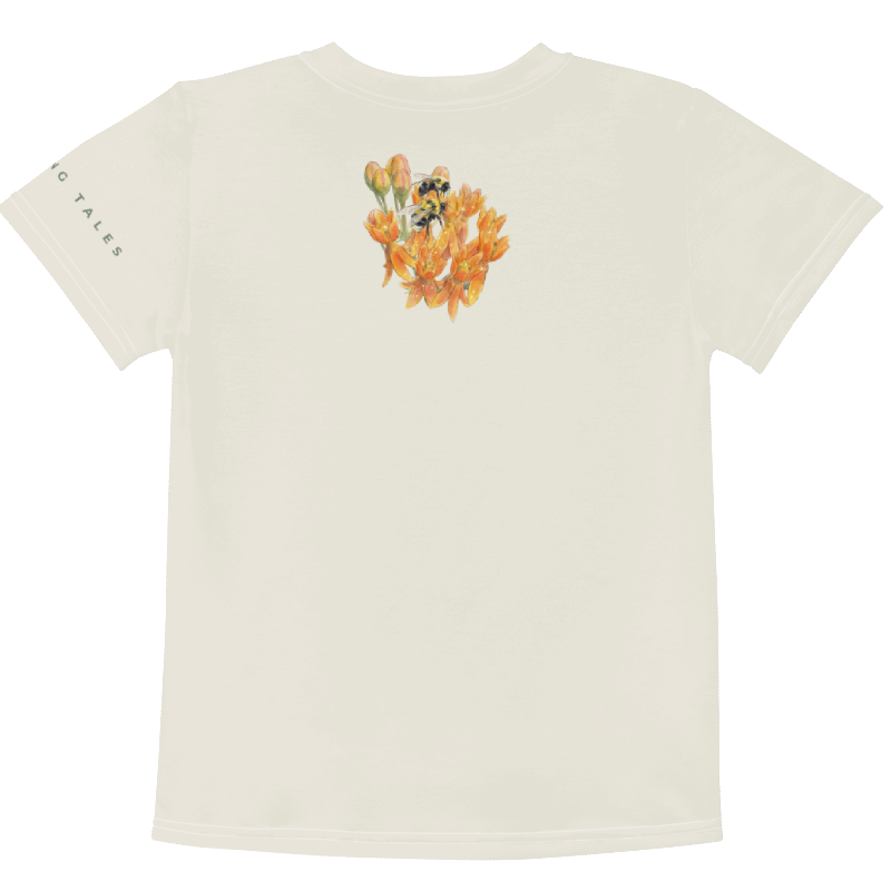 back view of Beige t-shirt with a graphic design on the chest pocket with text "Protect The Buzz" Tinywing Tales