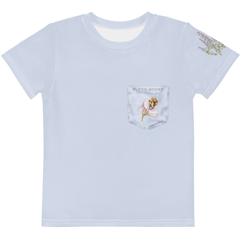 Light blue t-shirt with floral design on pocket and sleeve. Tinywing Tales