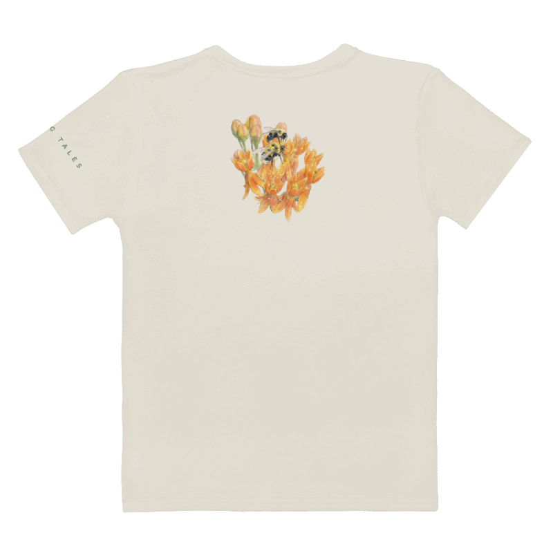 Back View of a beige t-shirt with a bee and flower design 