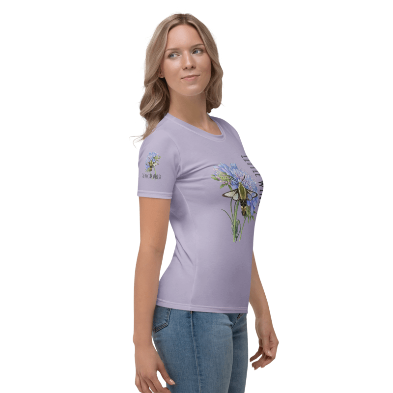 Right view of Woman wearing a lavender t-shirt with a graphic hummingbird moth and text "Little Wings, Big Job" same hummingbird moth graphic on her sleeve.