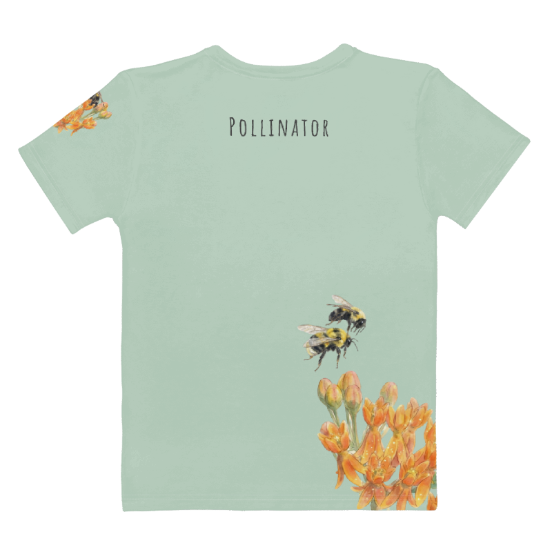 Rear view of a Light green t-shirt with bee and flower design on Light green background