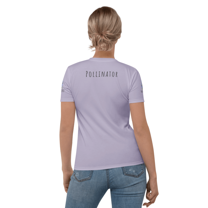 Back view of Woman wearing a lavender t-shirt with a graphic hummingbird moth and text "Little Wings, Big Job" on Front and "Pollinator" on back