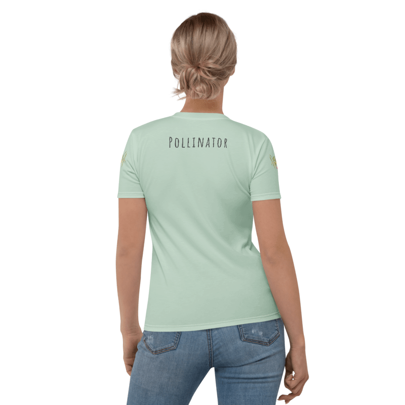 Person wearing a light green t-shirt with 'Pollinator' text on the back.
