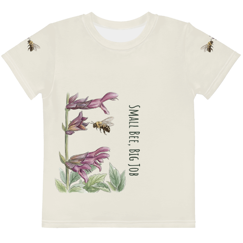 Cream Colored t-shirt with bee and flower design and text 'Small Bee, Big Job' Tinywing Tales Golden Dust Collection