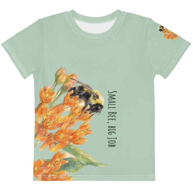 Kids crew neck t-shirt featuring a fuzzy bumblebee and botanical flowers from The Golden Dust collection.