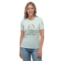 Woman wearing a light blue t-shirt with a graphic of hummingbirds and text "Nature's Little Pollinators"