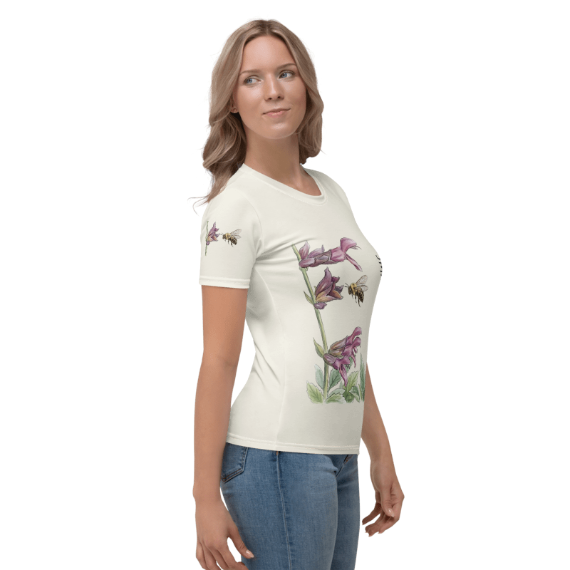 Right view of a Woman wearing a  t-shirt with floral  and Bee design and text "Small Bee, Big Job"