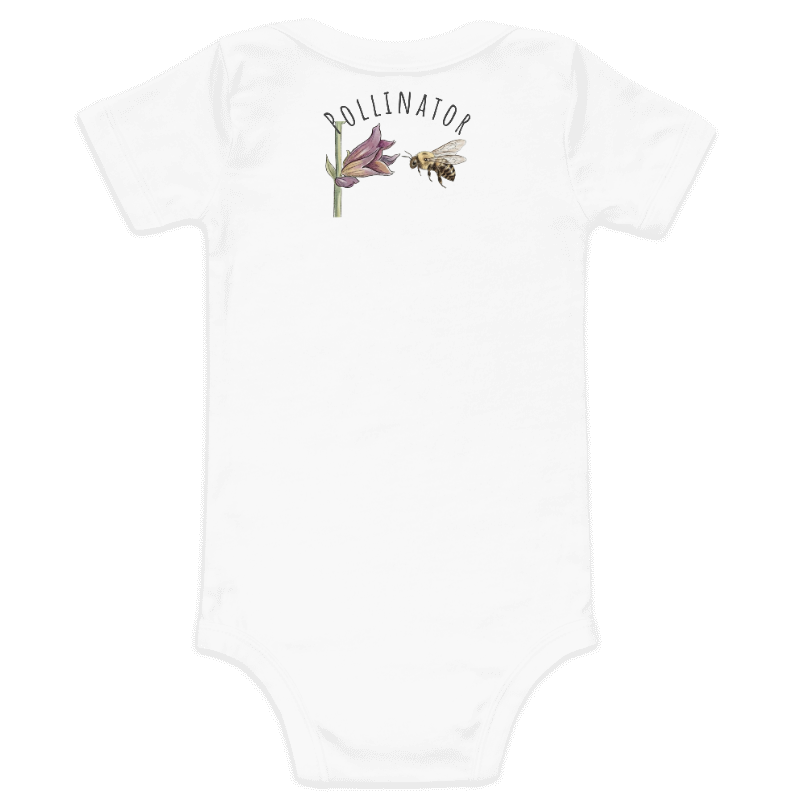 Backview of White 100% cotton baby one-piece featuring the Meadow Whisper  bumblebee design from the Golden Dust collection.