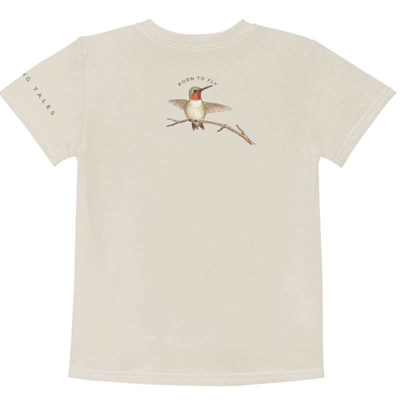 Back view of Beige t-shirt with a hummingbird graphic and text "Born to Fly. Tinywing Tales on left sleeve