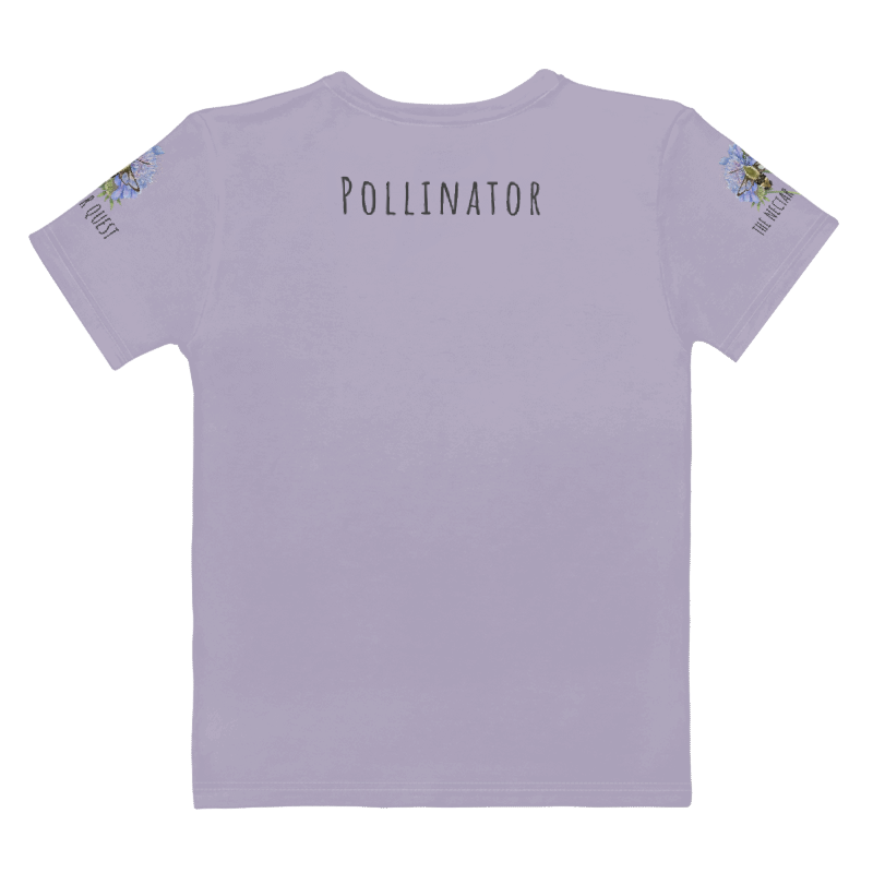 Back view of a lavender t-shirt with a graphic hummingbird moth and text on her sleeves and text "Pollinator"