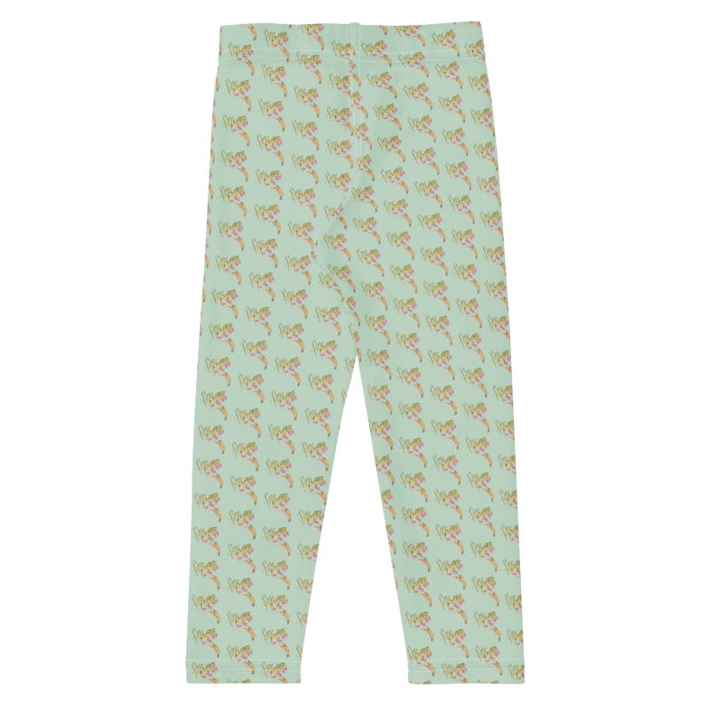 Back view of  "Tiny wings, Big Job," hummingbird print leggings, for toddlers and kids 