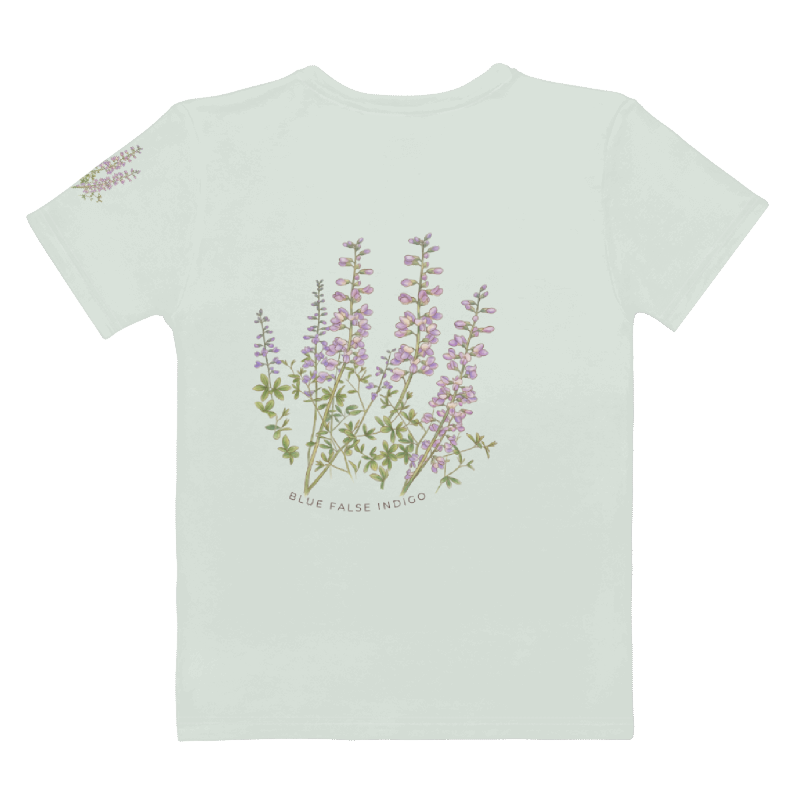 Light green t-shirt with floral design and text on a white background
