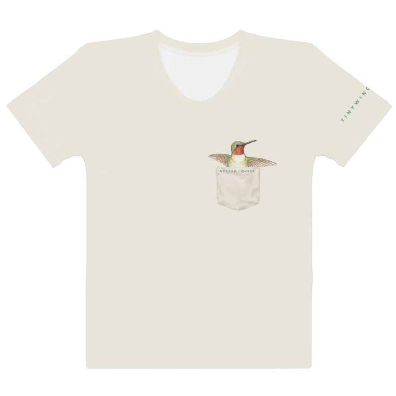 Beige t-shirt with a faux pocket design featuring a hummingbird.