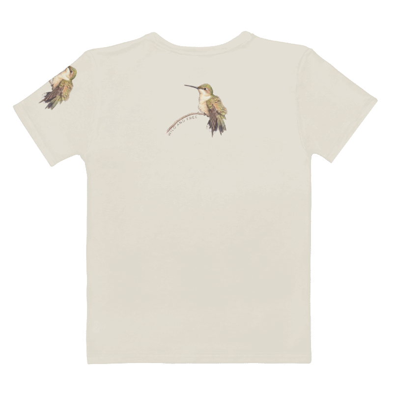 back view Beige t-shirt with hummingbird illustrations 