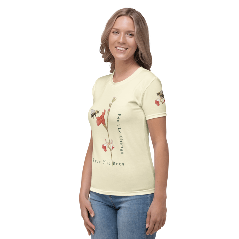 Woman wearing a light-colored t-shirt with bee design and text "save the bees"