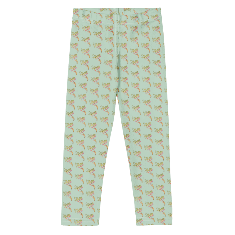 Front view of  "Tiny wings, Big Job," hummingbird print leggings, for toddlers and kids 