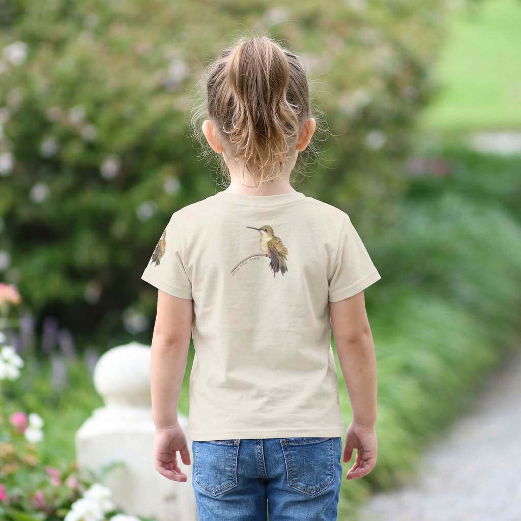 Backview of a toddler wearing a cream colored faux pocket tee with hummingbird design. Tinying Tales