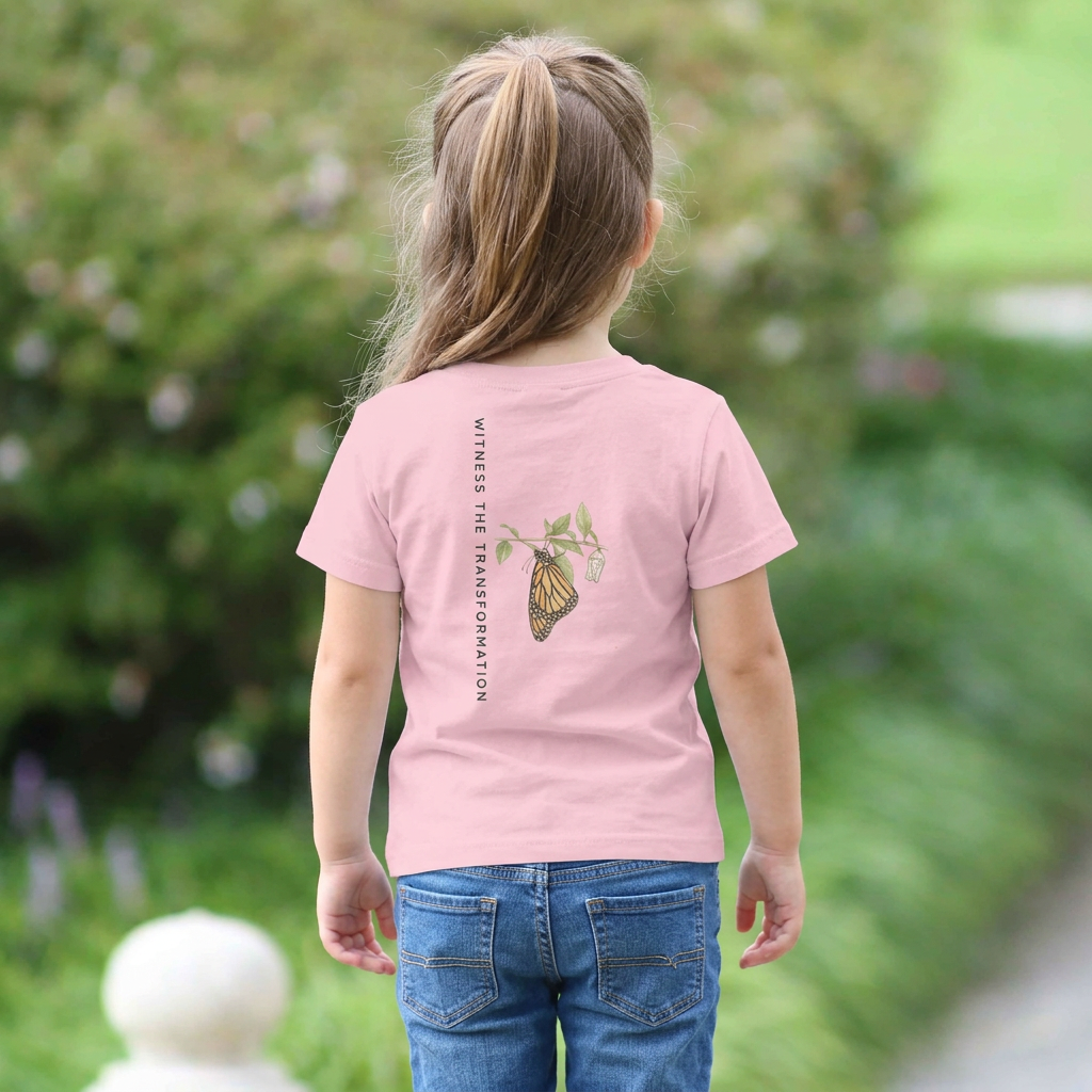 Back view of a Child wearing a pink t-shirt with a butterfly design and text outdoors. Tinywing Tales