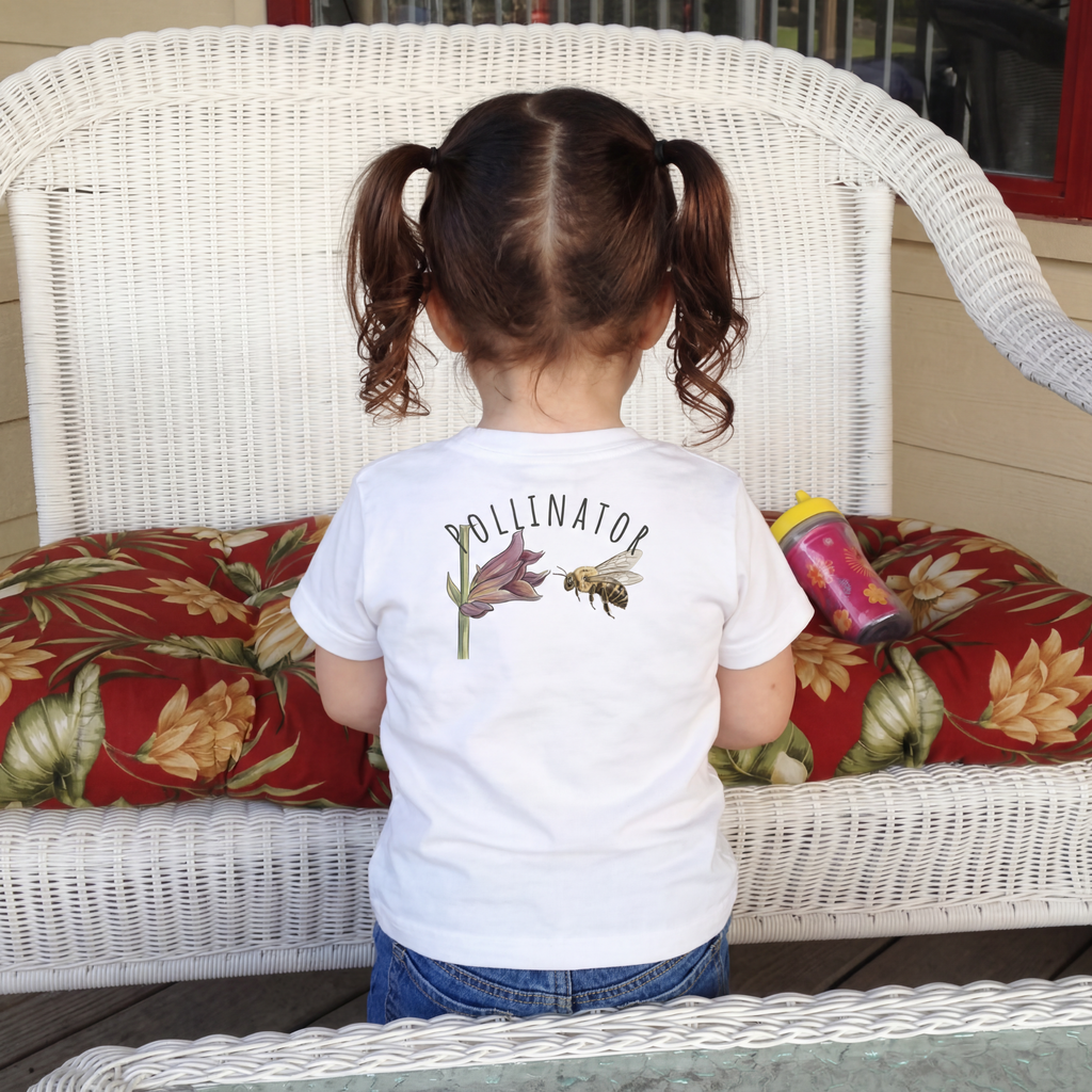 Back view of a toddler, wearing a Small Bee, Big Job classic cotton Tee