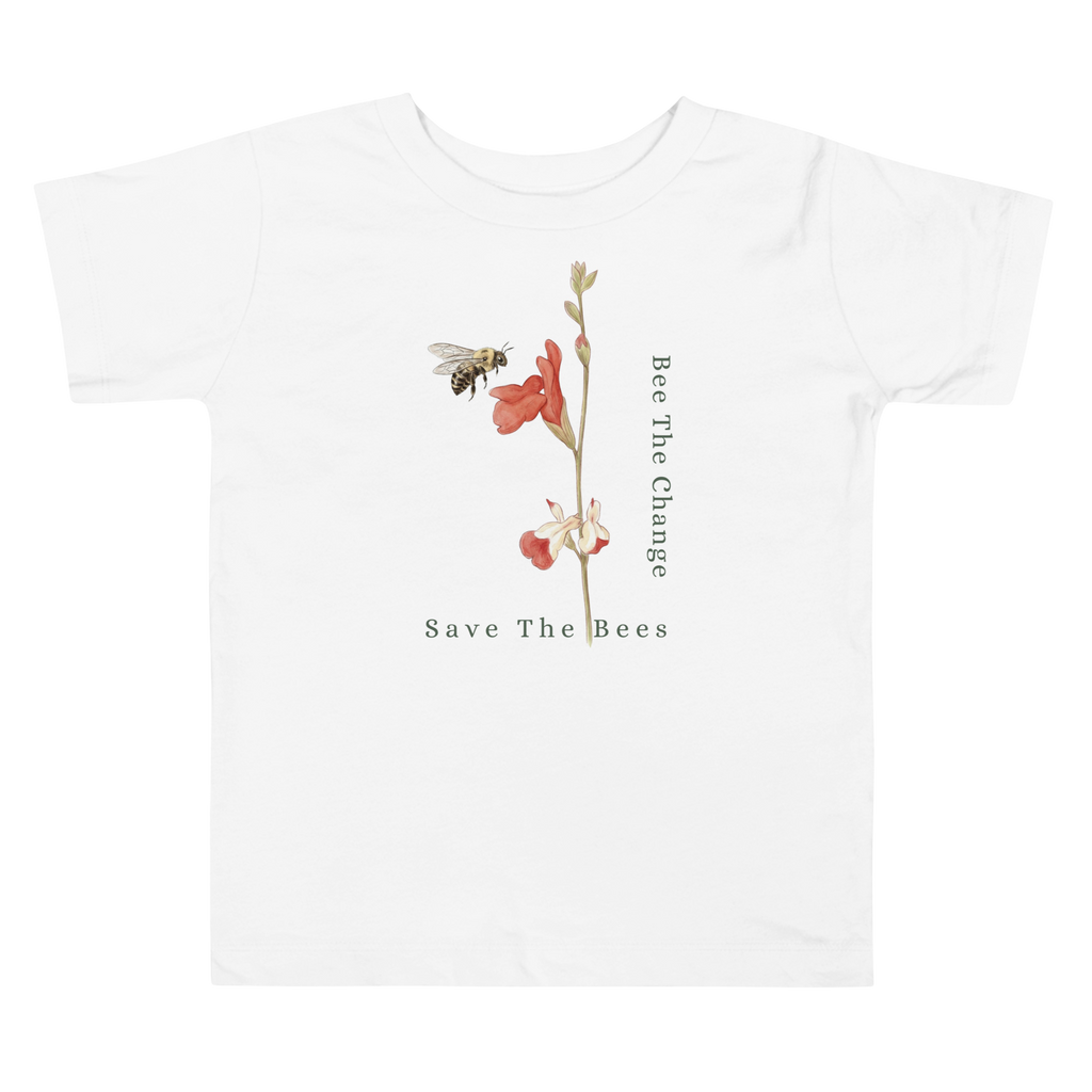 White t-shirt with bee and flower graphic and 'Bee The Change Save The Bees' text on a white background