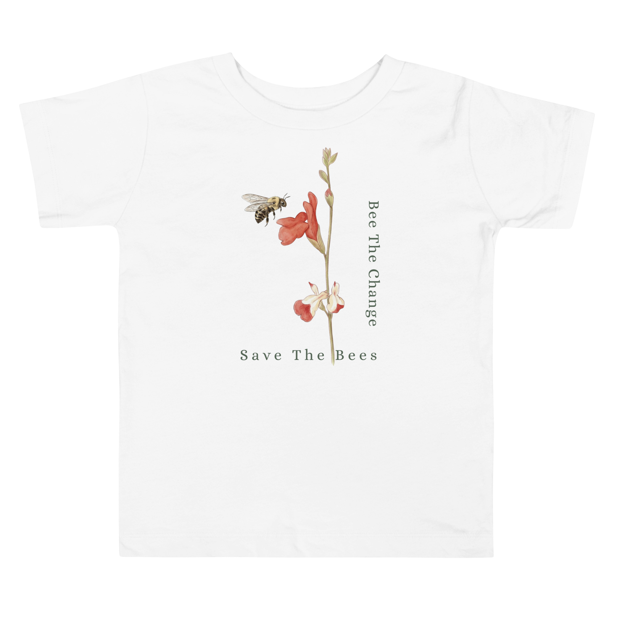 White t-shirt with bee and flower graphic and 'Bee The Change Save The Bees' text on a white background