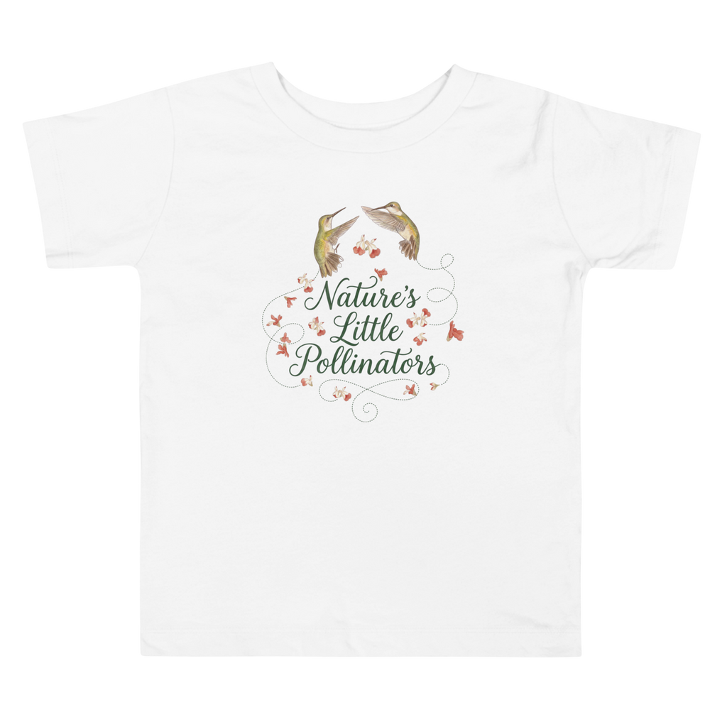 A white t-shirt with 'Nature's Little Pollinators' text and graphics outdoors.
