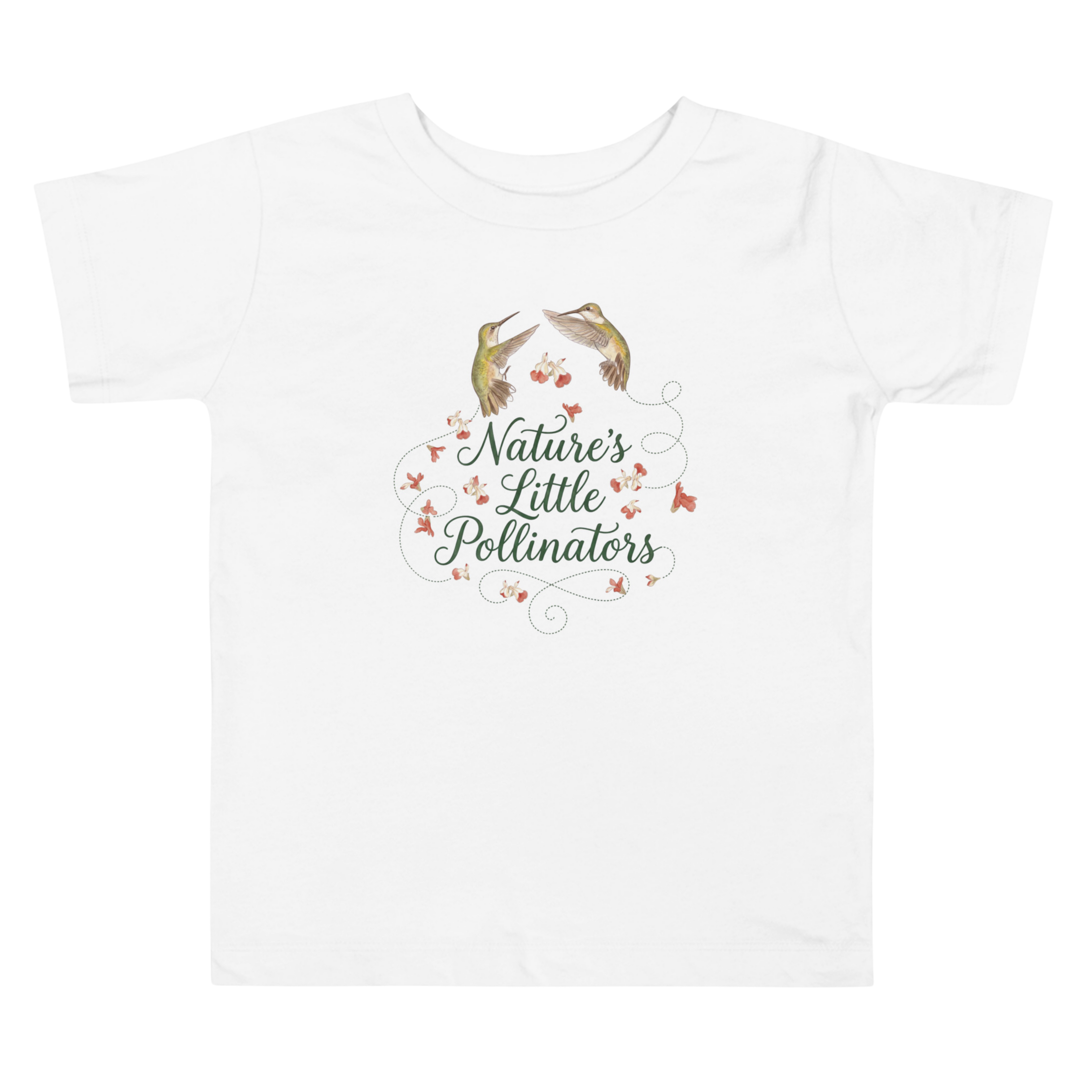 A white t-shirt with 'Nature's Little Pollinators' text and graphics outdoors.