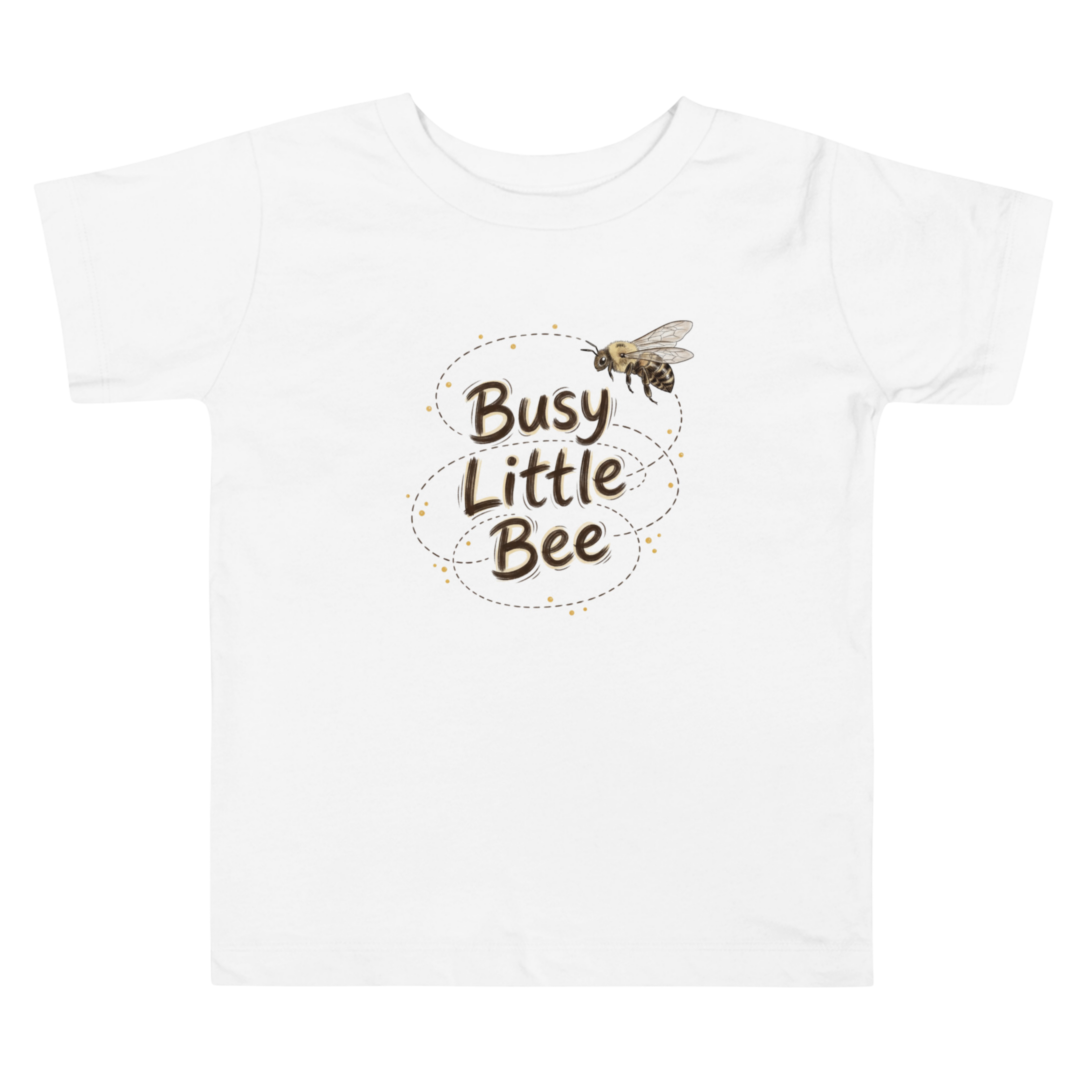 White toddler tee 'Busy Little Bee' text and bee illustration.