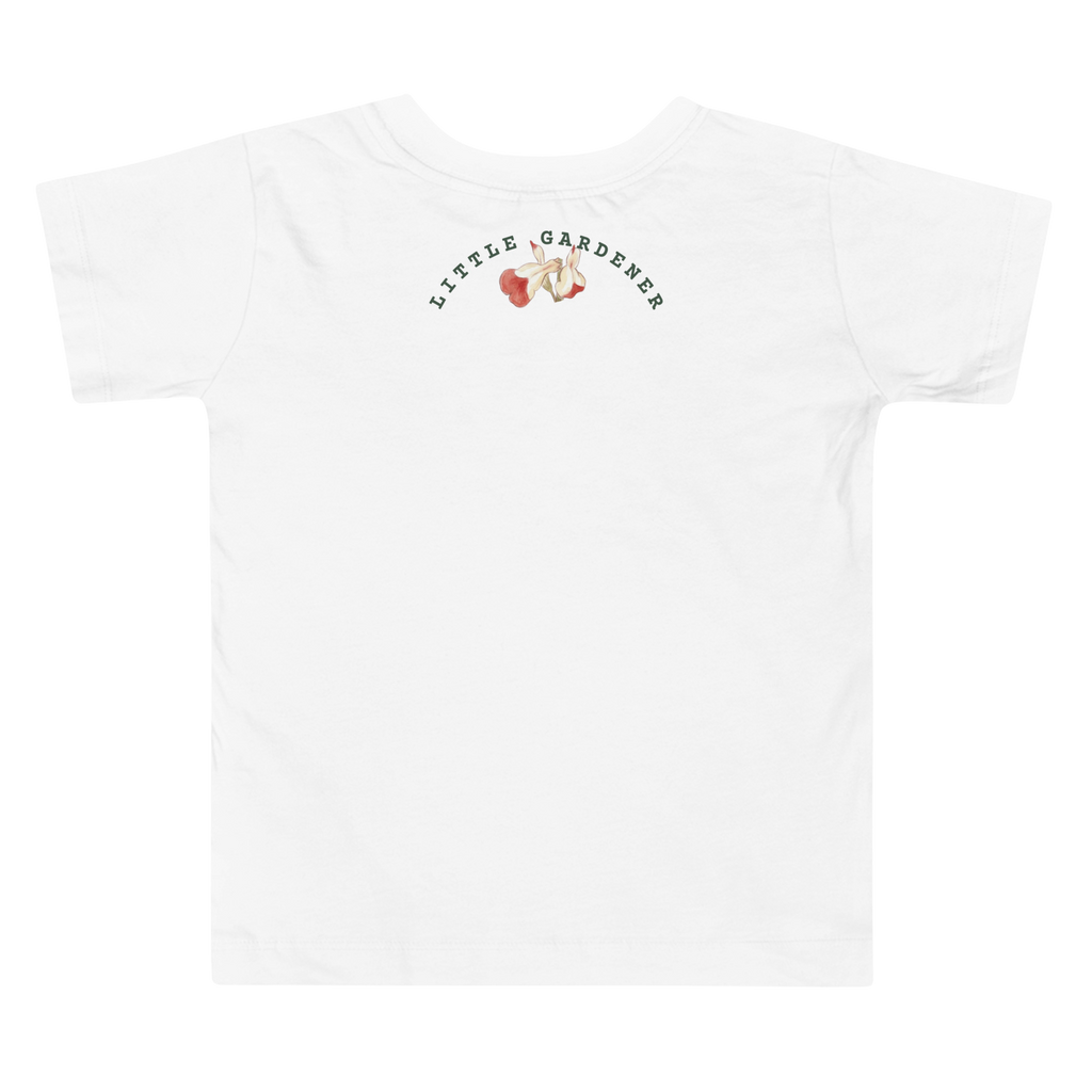 Back view of White t-shirt with 'Little Gardener' graphic on a white background