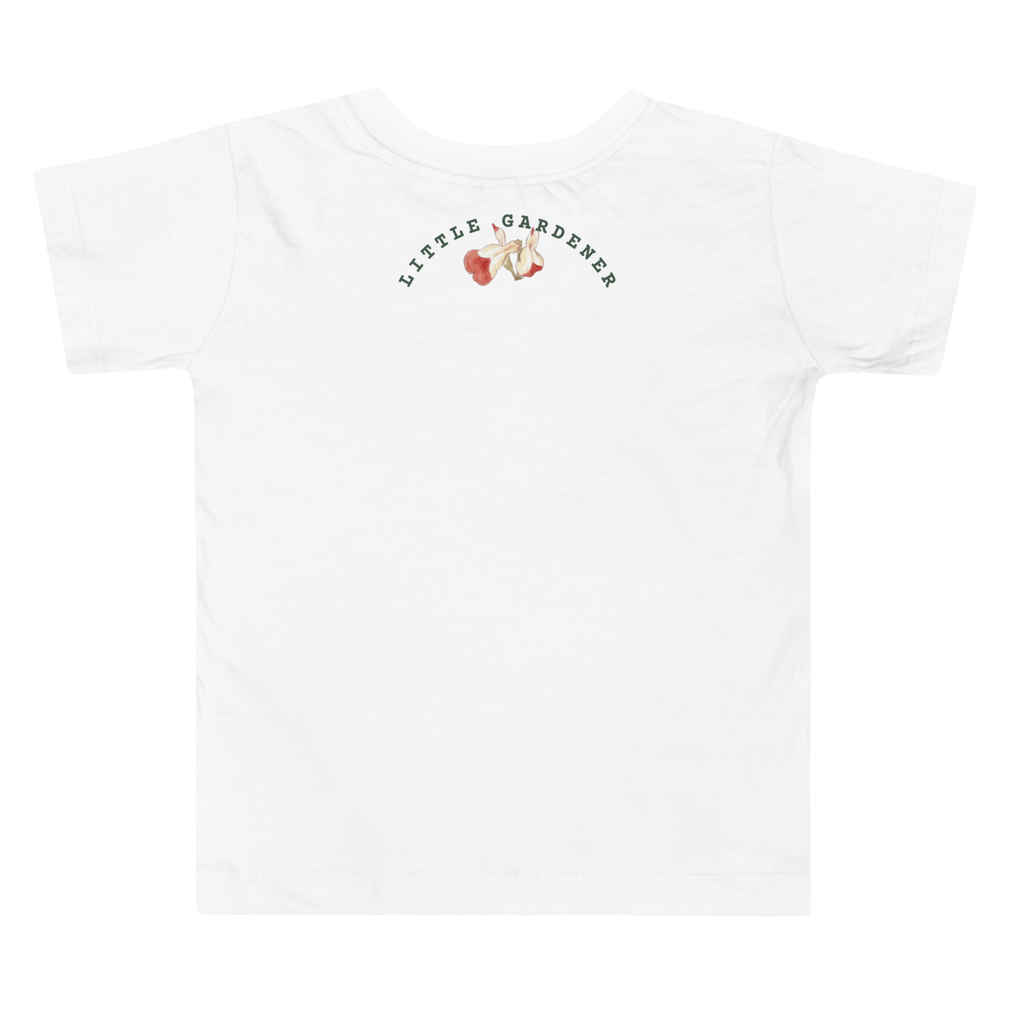 Back view of White t-shirt with 'Little Gardener' graphic on a white background