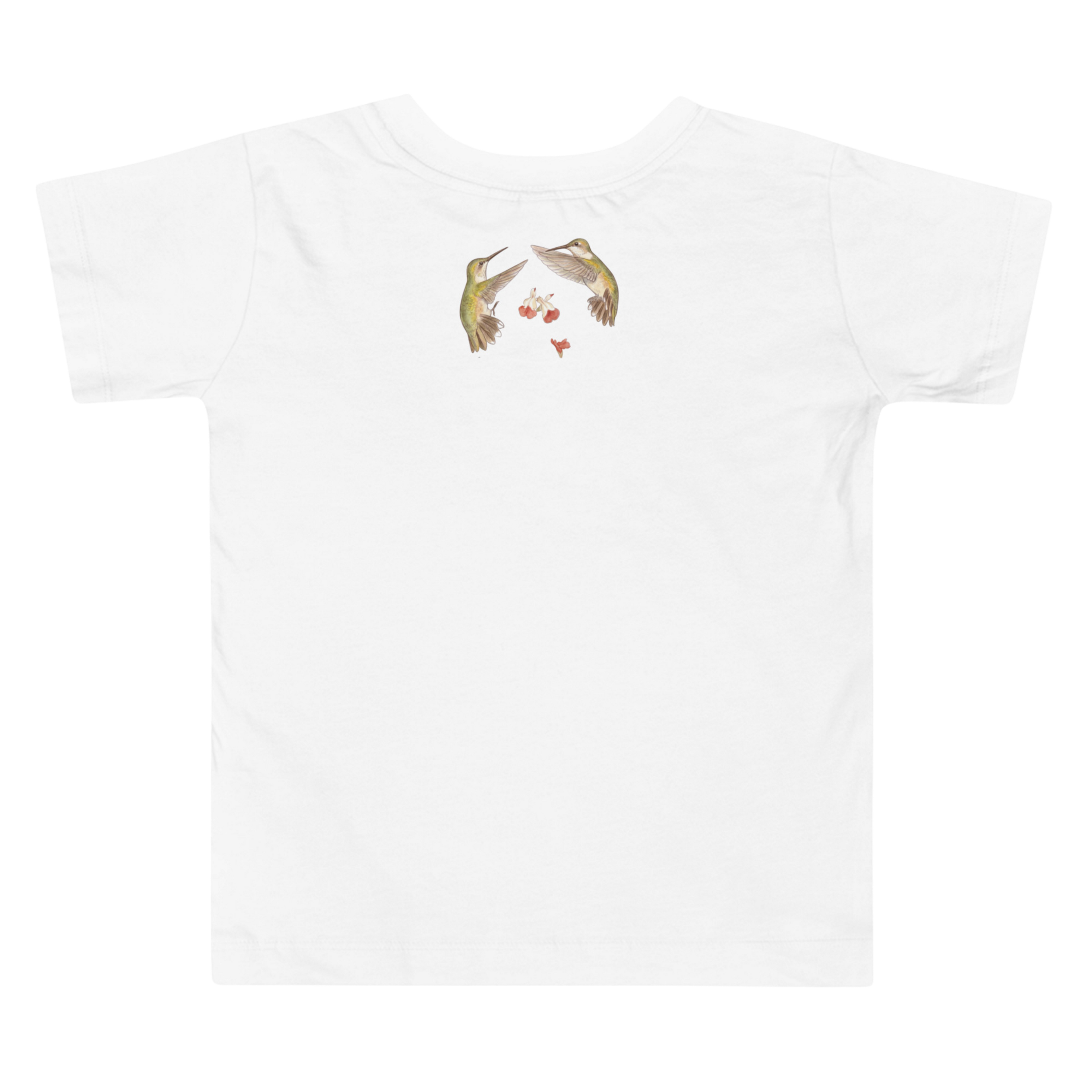 Back view of A white t-shirt with hummingbird graphics outdoors.