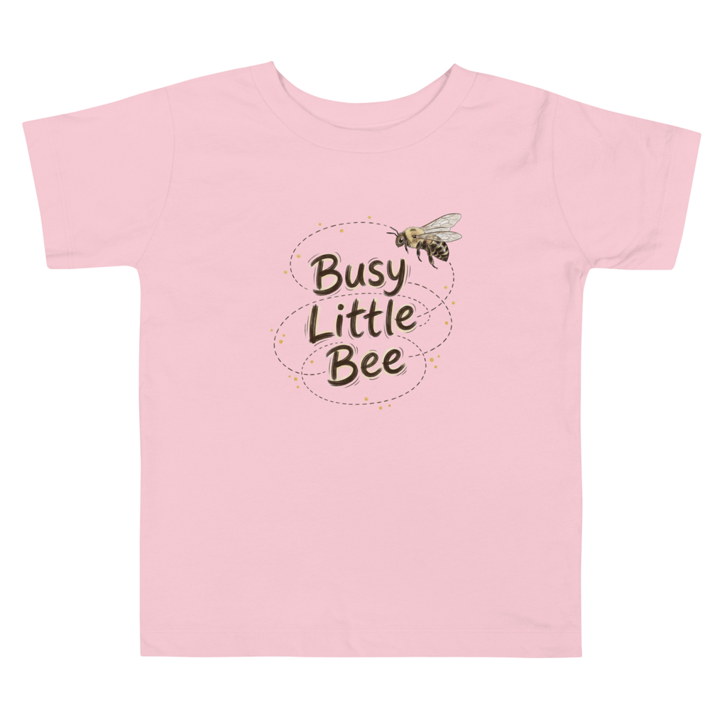Pink t-shirt with 'Busy Little Bee' text and bee illustration.