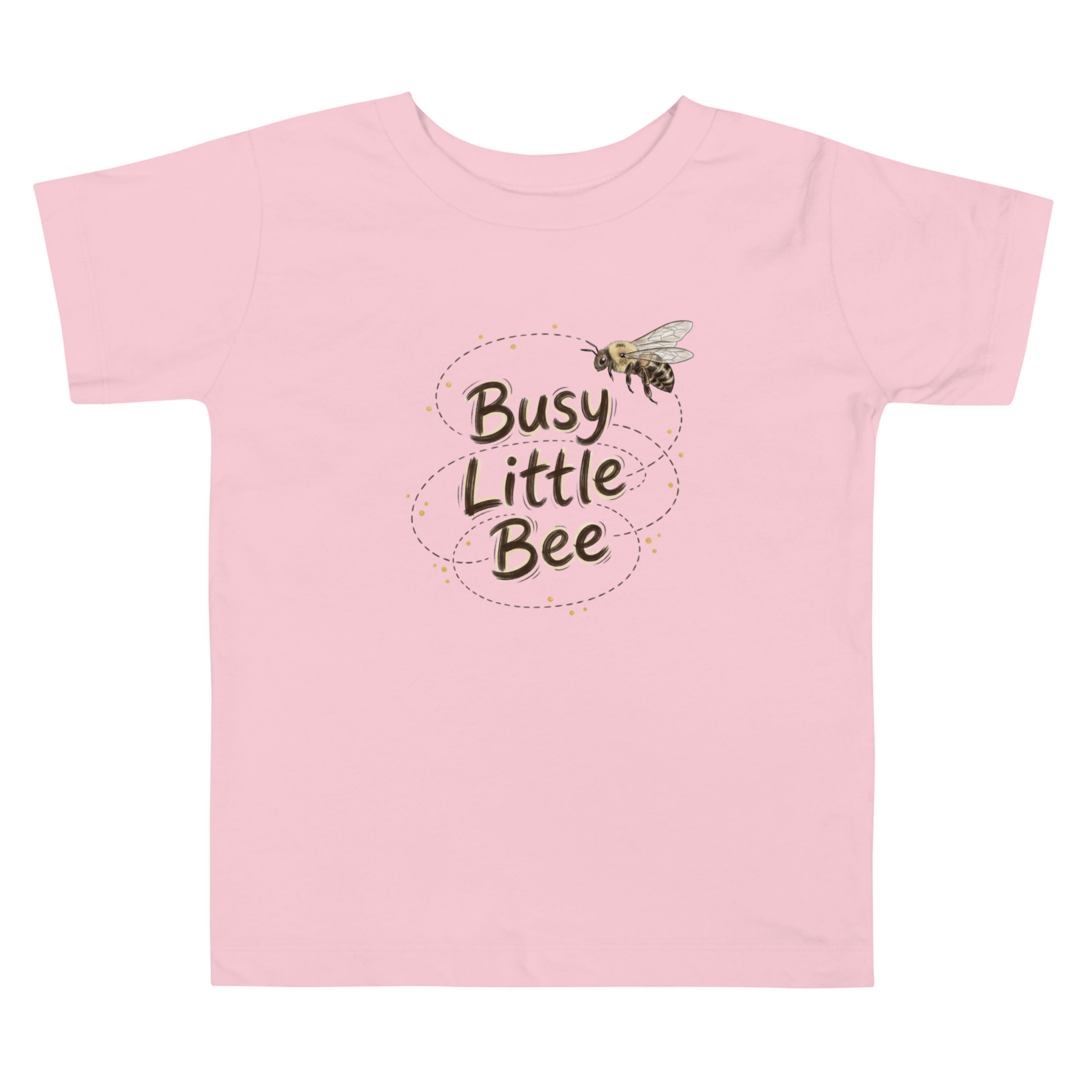 Pink t-shirt with 'Busy Little Bee' text and bee illustration.