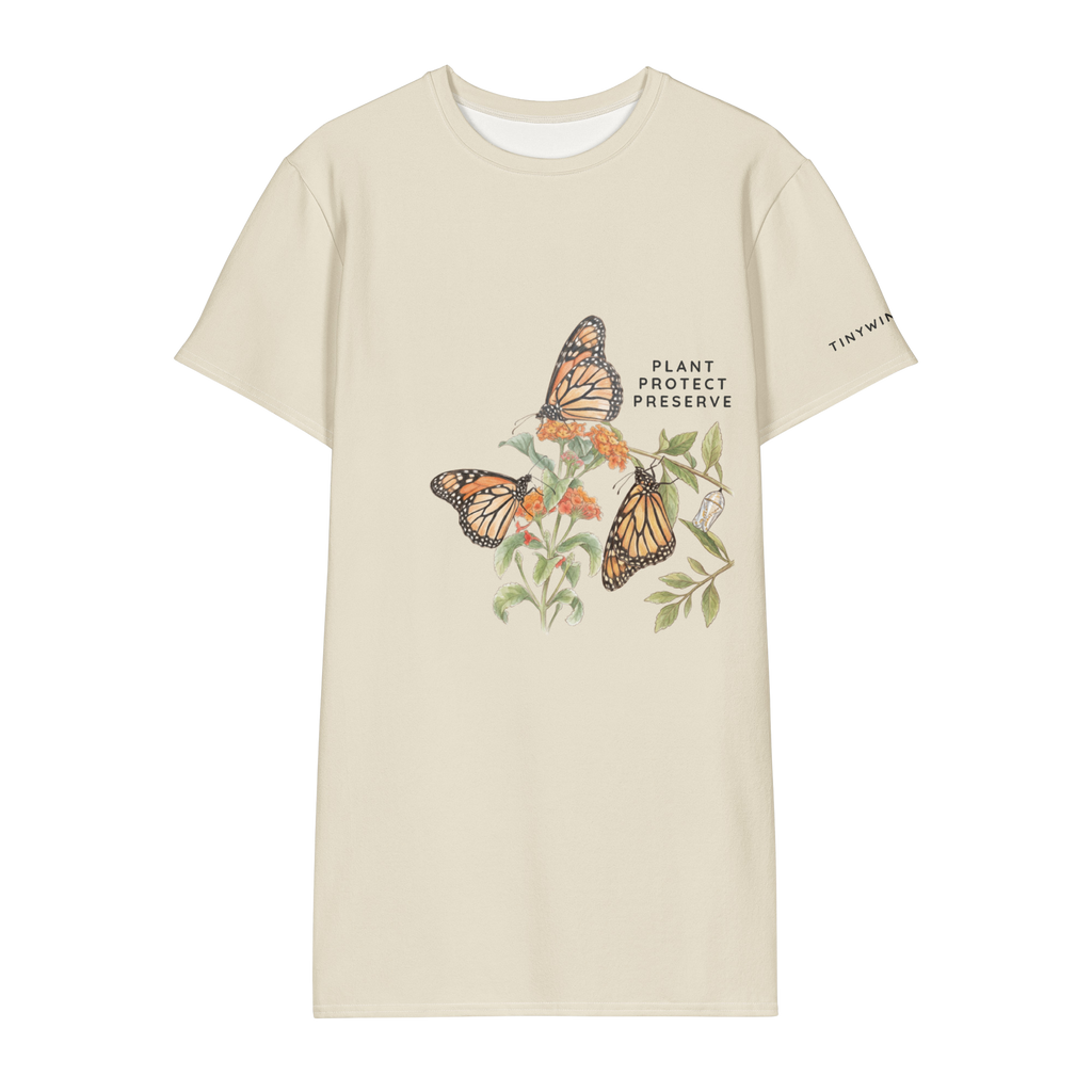 Beige t-shirt with butterfly design and text "plant, protect, preserve"