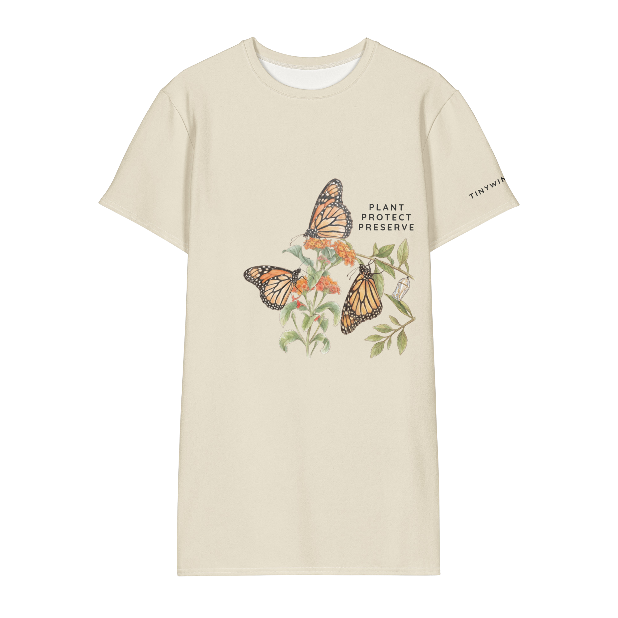 Beige t-shirt with butterfly design and text "plant, protect, preserve"