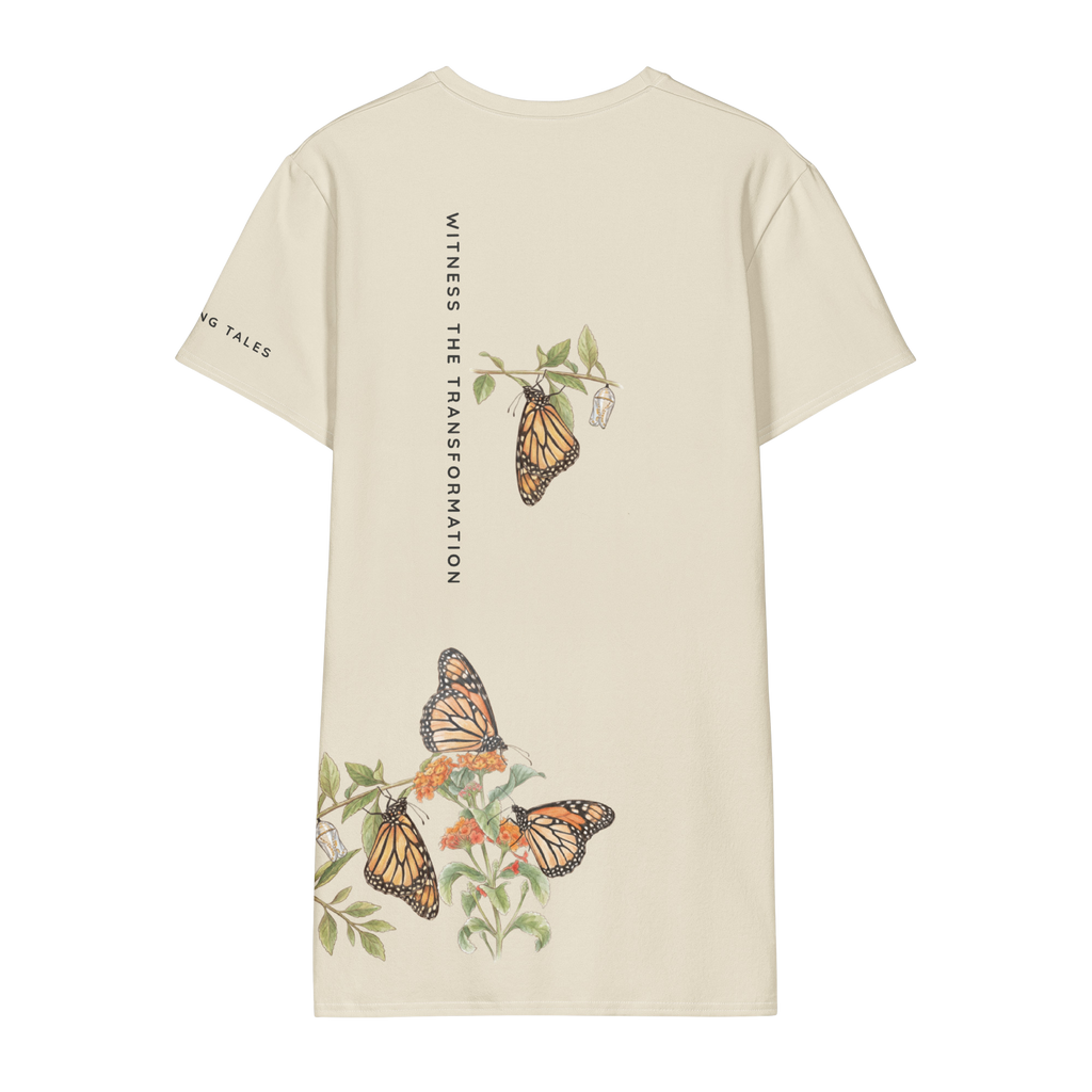 Back view Beige t-shirt with butterfly design and text "Witness the transformation"