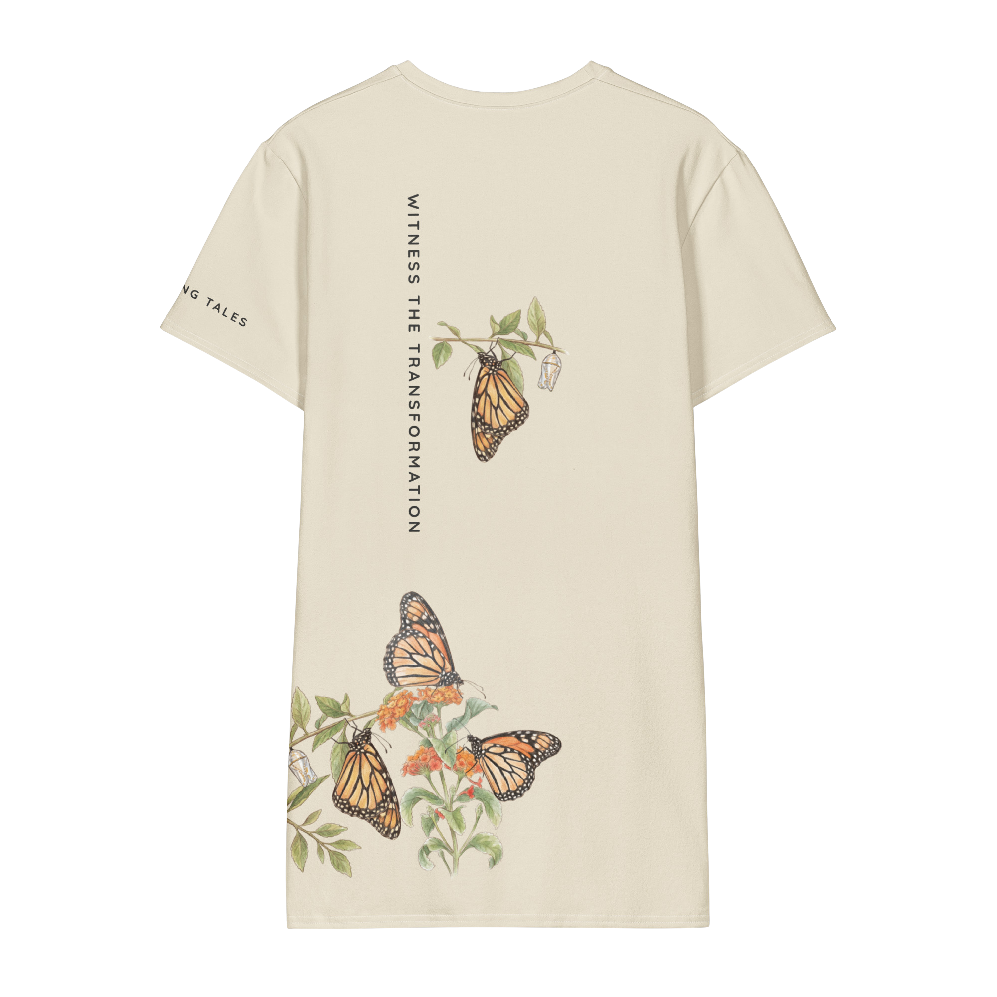 Back view Beige t-shirt with butterfly design and text "Witness the transformation"