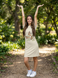 Young girl wearing tee shirt dress with butterfly graphic with text "plant, protect, preserve" Tinywing Tales.